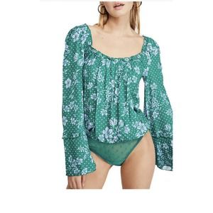 NEW FREE PEOPLE WOMEN GREEN FLORAL BELL SLEEVE BODYSUIT ONE PIECE TOP MEDIUM